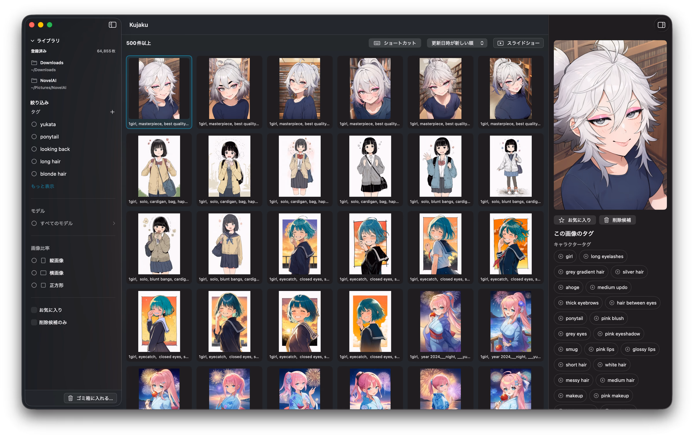 Kujaku のウィンドウ。左のサイドバーではタグにチェックが入っておらず、絞り込みは何もかかっていない状態。ヘッダには「500件以上」、サイドバーには登録済み64,855枚と表示され、中央にはサムネイル一覧が並ぶ。右のプレビューには白髪のキャラクターが表示されている。