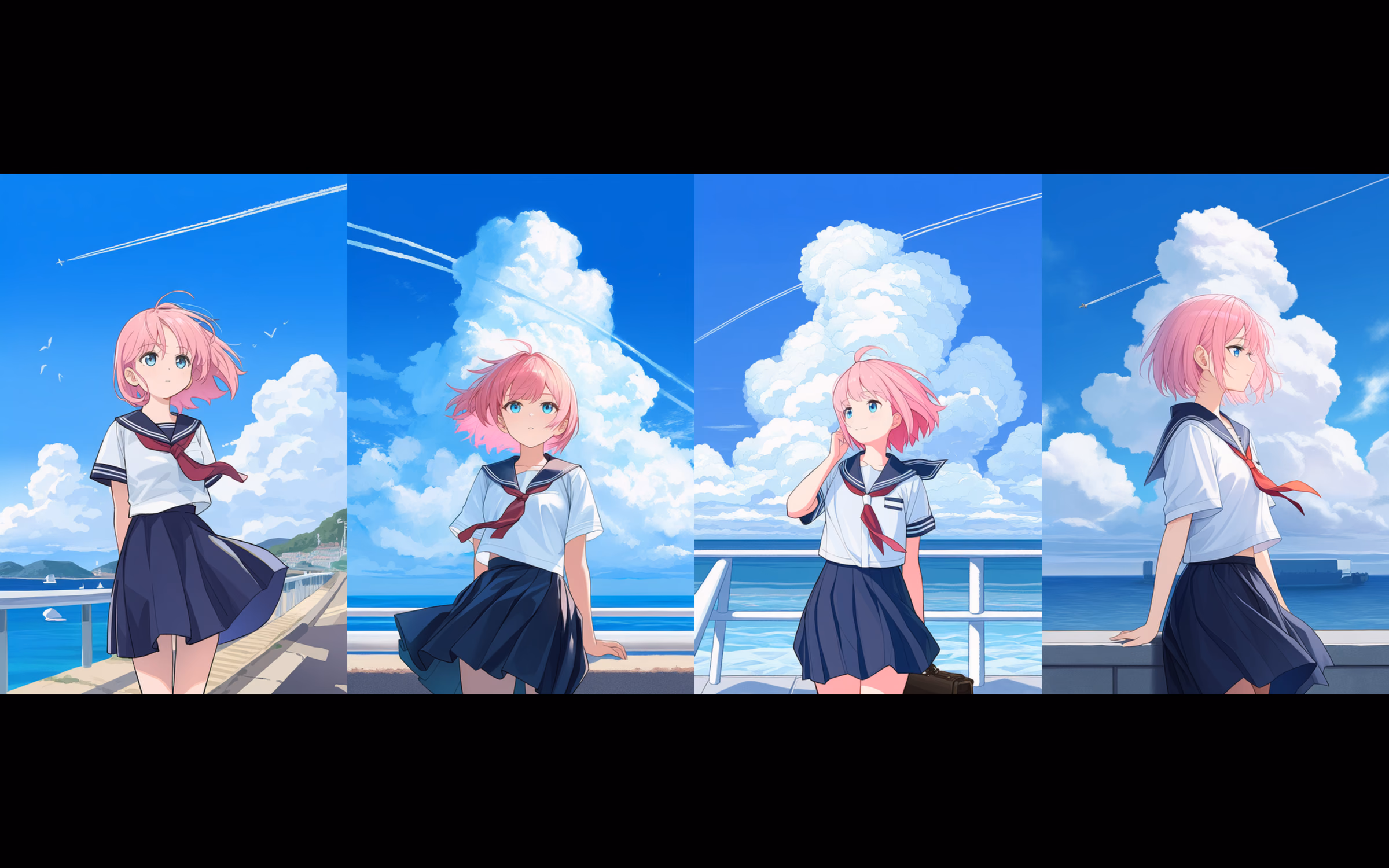 スライドショーの4枚同時表示。青空とセーラー服の似た構図が2×2で並ぶ。